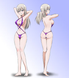 Rule 34 | 1girl, ass, blue eyes, blush, breasts, butt crack, cleavage, covered erect nipples, eila ilmatar juutilainen, groin, hiro yoshinaka, large breasts, long hair, one-piece swimsuit, purple one-piece swimsuit, slingshot swimsuit, smile, solo, strike witches, swimsuit, white hair, world witches series