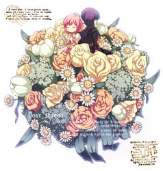 Rule 34 | 00s, 1boy, 1girl, ayamisiro, belt, black hair, bouquet, chibi, coat, couple, dress, english text, engrish text, estellise sidos heurassein, closed eyes, flower, from behind, gloves, own hands clasped, hetero, long hair, own hands together, pink hair, ranguage, rose, short hair, smile, tales of (series), tales of vesperia, veil, yellow flower, yellow rose, yuri lowell