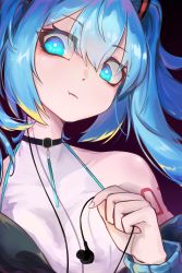 Rule 34 | 1girl, absurdres, black background, black sleeves, blue eyes, blue hair, blue nails, closed mouth, detached sleeves, earphones, earphones removed, hair between eyes, hatsune miku, highres, holding, holding earphones, kurana (pixiv17175143), long sleeves, nail polish, shirt, solo, twintails, vocaloid, white shirt