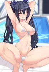 Rule 34 | 1girl, alternate breast size, arms up, bare shoulders, bikini, black hair, blush, breasts, dura, embarrassed, closed eyes, hair ribbon, highres, large breasts, long hair, looking at viewer, micro bikini, navel, neptune (series), noire (neptunia), pool, rei no pool, ribbon, solo, squatting, swimsuit, twintails, white bikini