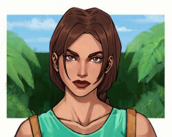 Rule 34 | 1girl, adelheid (moschiola), aqua tank top, blue sky, braid, braided ponytail, brown eyes, brown hair, brown lips, cloud, collarbone, commentary, english commentary, expressionless, lara croft, leaf, portrait, single braid, sky, solo, tank top, thick lips, tomb raider