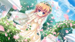 Rule 34 | 1girl, ahoge, arch, bare shoulders, blue eyes, blue sky, blush, breasts, bridal veil, bride, building, cherry blossoms, cleavage, cloud, collarbone, day, dot nose, dress, dutch angle, film grain, floral arch, floral print, flower, flower wreath, game cg, hand up, izumi tsubasu, jewelry, lens flare, looking at viewer, medium breasts, necklace, non-web source, off-shoulder dress, off shoulder, official art, open mouth, orange hair, outdoors, pagoda, pearl necklace, petals, pink flower, pink rose, re:stage!, rose, see-through, see-through veil, shikimiya mana, short hair, sidelocks, skirt hold, sky, smile, solo, sparkle, tree, veil, wedding, wedding dress, window, yellow dress