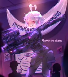 absurdres ahoge alcoholic_anonymous audience buddy_(b.u.d.d.i.e.s) closed_eyes cutenikechan facial_mark fim-92_stinger gun heart heart_ahoge heart_facial_mark heart_sticker highres holding holding_gun holding_weapon indoors man-portable_air-defense_system missile_launcher open_mouth original rocket_launcher short_hair smile tactical_clothes teeth tomboy upper_teeth_only weapon white_hair