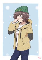 Rule 34 | 1girl, akiyama yukari, artist name, beanie, blue pants, blush, brown eyes, brown hair, casual, closed mouth, coat, commentary, cowboy shot, finger to face, girls und panzer, green hat, hand in pocket, hat, highres, hood, hooded coat, lettuce-labo, long sleeves, looking at viewer, messy hair, open clothes, open coat, pants, short hair, signature, smile, solo, standing, sweater, white sweater, winter clothes, yellow coat