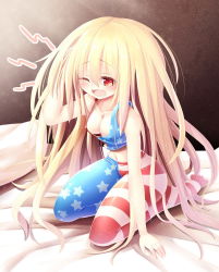 Rule 34 | 1girl, american flag legwear, artistic error, blonde hair, blush, breasts, cleavage, clownpiece, gradient background, highres, long hair, messy hair, midriff, navel, one eye closed, open mouth, pantyhose, red eyes, sitting, solo, star (symbol), striped clothes, striped legwear, striped pantyhose, touhou, very long hair, wariza, wince, wrong foot, z.o.b