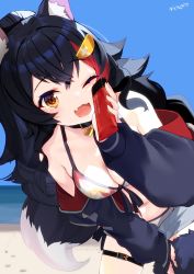 Rule 34 | 1girl, ;d, animal ears, bikini, bikini under clothes, black hair, breasts, collar, highres, hololive, jacket, long hair, long sleeves, looking at viewer, lotion, medium breasts, multicolored hair, nejime, off shoulder, one eye closed, ookami mio, ookami mio (hololive summer 2019), open clothes, open jacket, open mouth, orange eyes, red hair, short shorts, shorts, smile, streaked hair, sunscreen, swimsuit, tail, thigh strap, virtual youtuber, white hair, wolf ears, wolf girl, wolf tail