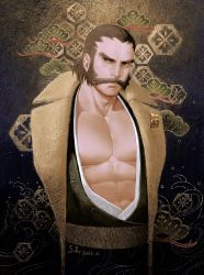 Rule 34 | 1boy, abs, bara, brown eyes, brown hair, closed mouth, collarbone, cowboy shot, creatures (company), facial hair, fur-trimmed jacket, fur trim, game freak, green kimono, highres, jacket, jacket on shoulders, japanese clothes, kamado (pokemon), kimono, large pectorals, logo, looking at viewer, male focus, mature male, muscular, muscular male, mustache, nintendo, patterned background, pectoral cleavage, pectorals, pokemon, pokemon legends: arceus, saolin (wudangx), sash, serious, short hair, sideburns, solo, thick eyebrows