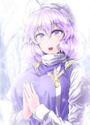 Rule 34 | 1girl, :d, breasts, commentary request, day, fingernails, hair between eyes, hat, juliet sleeves, large breasts, letty whiterock, long sleeves, medium hair, open mouth, outdoors, own hands together, puffy sleeves, purple eyes, purple hair, smile, snowing, solo, touhou, tree, upper body, white hat, winter, y2