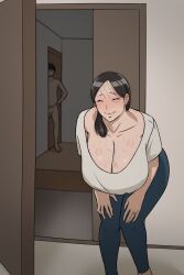 Rule 34 | 1boy, 1girl, after fellatio, aftersex, although she hurriedly put on clothes (meme), bite mark, breasts, cleavage, closed eyes, doorway, flaccid, gigantic breasts, hanging breasts, highres, huge breasts, jewelry, leaning forward, leeoekaki, messy hair, nude, oral, pov doorway, ring, saliva, saliva trail, smile, stray pubic hair, wedding band
