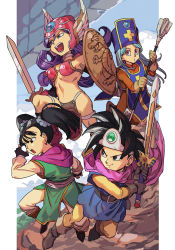 Rule 34 | 1boy, 3girls, aqua hair, black eyes, black hair, blue eyes, brown eyes, dragon quest, dragon quest iii, fighter (dq3), fighting stance, helmet, hungry clicker, long hair, multiple girls, outside border, priest (dq3), purple hair, roto (dq3), shield, short hair, short twintails, soldier (dq3), square enix, staff, sword, twintails, weapon, winged helmet