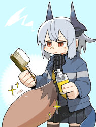 Rule 34 | arknights, black shirt, black skirt, blue background, blue jacket, blush stickers, bottle, brown legwear, brush, closed mouth, commentary request, eyebrows hidden by hair, franka (arknights), grey hair, highres, holding, holding bottle, horns, jacket, konno akikaze, liskarm (arknights), long sleeves, open clothes, open jacket, pleated skirt, red eyes, shirt, skirt, sparkle, squiggle, sweat, tail, thighhighs, twitter username, v-shaped eyebrows