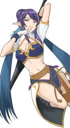 Rule 34 | 1girl, arm behind head, arm up, blue bra, blue hair, bra, breasts, cleavage, floating hair, gloves, grin, groin, holding, holding weapon, judith (tales), large breasts, leg up, long hair, looking at viewer, low twintails, multicolored hair, navel, pointy ears, purple eyes, purple hair, rourou ill, short sleeves, shrug (clothing), simple background, smile, solo, tales of (series), tales of vesperia, twintails, two-tone hair, underwear, very long hair, weapon, white background, white gloves