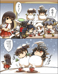 Rule 34 | 0 0, 10s, 6+girls, = =, abyssal ship, akagi (kancolle), arrow (projectile), black hair, blank eyes, bodysuit, bowl, brown eyes, brown hair, bucket, cape, character print, chopsticks, collar, comic, commentary request, cup, dango, detached sleeves, eating, expressionless, closed eyes, flying sweatdrops, food, green tea, grey hair, hair ornament, hair ribbon, hairband, hairclip, hakama, hakama skirt, haruna (kancolle), hat, headgear, hisahiko, holding, holding bowl, holding chopsticks, holding spoon, horns, i-class destroyer, japanese clothes, kaga (kancolle), kantai collection, katsuragi (kancolle), kotatsu, long hair, long sleeves, md5 mismatch, mochi, multiple girls, nagato (kancolle), nontraditional miko, northern ocean princess, open mouth, orange eyes, ponytail, red hakama, red ribbon, revision, ribbon, rocking, shiruko (food), short sleeves, side ponytail, sitting, skirt, sleeves rolled up, smile, snow, snowing, snowman, spoon, steam, table, tasuki, tea, tentacles, thighhighs, translation request, tray, veranda, wagashi, white hair, wide sleeves, wo-class aircraft carrier, aged down, yunomi