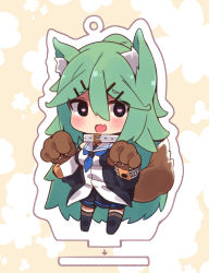 Rule 34 | 1girl, :d, animal ears, black thighhighs, blue eyes, blush, chibi, collar, commentary request, green hair, hair ornament, hair ribbon, hairclip, heart, heart-shaped pupils, kantai collection, kemonomimi mode, long hair, looking at viewer, open mouth, paw pose, pleated skirt, ribbon, school uniform, serafuku, skirt, smile, solo, suzuki toto, symbol-shaped pupils, tail, thighhighs, wolf ears, wolf tail, yamakaze (kancolle), zettai ryouiki