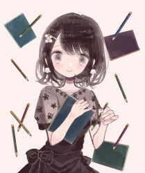 Rule 34 | 1girl, absurdres, black bow, black dress, black hair, book, bow, dress, dress bow, earrings, fingernails, floating, floating object, floral print, flower, flower earrings, grey dress, grey eyes, hair flower, hair ornament, hairpin, highres, holding, holding book, holding pencil, jewelry, light blush, looking at viewer, original, pencil, short hair, short sleeves, simple background, smile, solo, straight-on, supika, upper body, white background, white flower