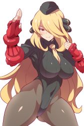 Rule 34 | 1girl, between breasts, black pantyhose, blonde hair, blush, breasts, brown eyes, cammy white, cammy white (cosplay), cosplay, covered navel, creatures (company), cynthia (pokemon), fingerless gloves, game freak, gloves, gluteal fold, hair over one eye, hat, highres, konno tohiro, leotard, long hair, looking at viewer, necktie, necktie between breasts, nintendo, pantyhose, pokemon, pokemon bw, red gloves, simple background, smile, solo, street fighter, very long hair, white background