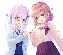 Rule 34 | 2girls, :3, :d, arm at side, bespectacled, blue eyes, blunt bangs, blush, bow, brown hair, commentary request, flower, glasses, hair bow, hair ornament, highres, jacket, lize helesta, long hair, long sleeves, looking at viewer, medium hair, multiple girls, nijisanji, open mouth, own hands together, ponytail, purple eyes, purple flower, red flower, simple background, skirt, sleeves past wrists, smile, standing, suzuhara lulu, sweater, tadokoro teppei, upper body, virtual youtuber, white background, white hair, x hair ornament