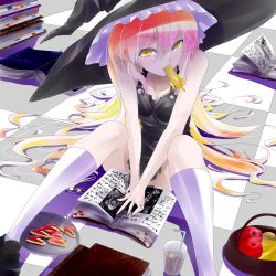 Rule 34 | 1girl, apple, bad id, bad pixiv id, banana, bare shoulders, basket, blonde hair, book, bottomless, checkered floor, drinking straw, female focus, floor, food, food in mouth, fork, fruit, glass, gradient hair, hat, highres, ice, ice cube, kirisame marisa, kneehighs, long hair, multicolored hair, shunsuke, socks, solo, touhou, v arms, white socks, witch hat, yellow eyes