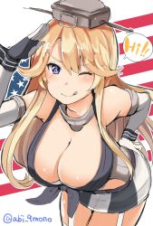 Rule 34 | 10s, 1girl, ;q, abi (abimel10), american flag, bare shoulders, blonde hair, blue eyes, blush, breasts, cleavage, cowboy shot, elbow gloves, fingerless gloves, foreshortening, front-tie top, garter straps, gloves, hair between eyes, headgear, highres, iowa (kancolle), kantai collection, large breasts, leaning forward, looking at viewer, miniskirt, one-hour drawing challenge, one eye closed, skirt, smile, solo, star-shaped pupils, star (symbol), symbol-shaped pupils, tongue, tongue out, twitter username