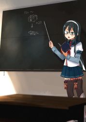 Rule 34 | 1girl, annin musou, arm up, bad id, bad twitter id, black hair, blue eyes, blue sailor collar, blush, book, chalkboard, commentary request, desk, glasses, hair ribbon, hairband, highres, hip vent, holding, holding book, indoors, kantai collection, long hair, long sleeves, military, military uniform, naval uniform, necktie, ooyodo (kancolle), open mouth, pleated skirt, pointer, red necktie, ribbon, sailor collar, school uniform, semi-rimless eyewear, serafuku, skirt, solo, tress ribbon, under-rim eyewear, uniform
