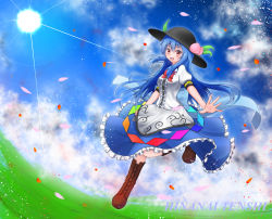 Rule 34 | 1girl, blue hair, blue sky, boots, character name, cloud, cross-laced footwear, day, dress, fisheye, food, fruit, hat, highres, hinanawi tenshi, knee boots, layered dress, leaf, leg up, lens flare, light particles, long hair, looking at viewer, meadow, open hand, open mouth, outdoors, peach, petals, red eyes, ribbon, short sleeves, sky, solo, sun, touhou, ymd (holudoun)
