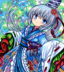 Rule 34 | 1girl, blue dress, blue eyes, dress, floral background, floral print, flower, frilled dress, frilled sleeves, frills, grey hair, hair flower, hair ornament, hat, layered dress, layered sleeves, long hair, looking at viewer, mononobe no futo, multicolored clothes, obi, pom pom (clothes), ponytail, rui (sugar3), sample watermark, sash, tate eboshi, touhou, very long hair, watermark