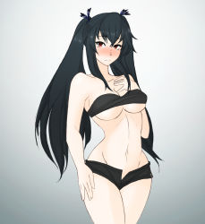 Rule 34 | 1girl, bare shoulders, black hair, blush, bra, breasts, choujigen game neptune, cleavage, closed mouth, collarbone, curvy, embarrassed, frown, gradient background, grey background, hair between eyes, hand on own hip, hand on own chest, highres, long hair, looking at viewer, medium breasts, monochrome background, navel, neptune (series), no panties, noire (neptunia), red eyes, ribbon, simple background, solo, thighs, tridisart, twintails, underboob, underwear, unzipped, wide hips