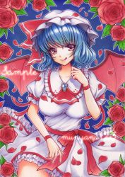 Rule 34 | 1girl, aged up, bat wings, blue hair, breasts, colored pencil (medium), female focus, flower, frilled shirt, frilled shirt collar, frilled skirt, frilled sleeves, frills, hat, hat ribbon, highres, large breasts, licking lips, looking at viewer, mii@chiffonx, petals, puffy short sleeves, puffy sleeves, red eyes, remilia scarlet, ribbon, rose, rose petals, sample watermark, shirt, short hair, short sleeves, skirt, smile, solo, tongue, tongue out, touhou, traditional media, watermark, wings, wrist ribbon