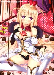 Rule 34 | 1girl, :o, ascot, bare shoulders, black panties, blonde hair, box, breasts, brooch, candy, chocolate, chocolate heart, cleavage, crown, detached collar, detached sleeves, eating, food, gem, heart, heart-shaped pillow, heart print, highres, jewelry, kaho okashii, large breasts, looking at viewer, melting, mini crown, panties, parted lips, pillow, purple eyes, sitting, smile, thighhighs, underwear, white thighhighs