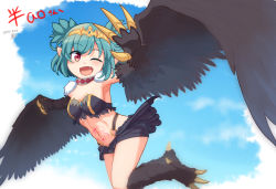 Rule 34 | 1girl, bird legs, black feathers, black wings, breasts, claws, cloud, commentary request, commission, dated, fang, feathers, flying, green hair, harpy, indie virtual youtuber, kagelantern, lincoro, monster girl, navel, one eye closed, open mouth, pointy ears, red eyes, short hair, short twintails, skeb commission, small breasts, solo, stomach tattoo, talons, tattoo, tiara, twintails, virtual youtuber, winged arms, wings