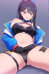 Rule 34 | 1girl, black gloves, black hair, blue eyes, blue jacket, breasts, cleavage, collarbone, commentary request, crop top, gloves, gridman universe, gridman universe (film), highres, jacket, large breasts, long hair, looking at viewer, mibushiro, navel, open clothes, open jacket, sitting, solo, ssss.gridman, takarada rikka, takarada rikka (solarain toys), thigh strap, translation request