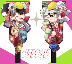 Rule 34 | + +, 2020, 2girls, akeome, black hair, callie (splatoon), commentary, cousins, earrings, fangs, flute, food, food on head, grey hair, grin, hagoita, hair ornament, happy new year, highres, holding, holding paddle, inkling, instrument, japanese clothes, jewelry, kimono, long hair, looking at another, marie (splatoon), mole, mole under eye, multiple girls, new year, nintendo, object on head, open mouth, paddle, pointy ears, print kimono, pudding, romaji text, short hair, smile, splatoon (series), swept bangs, tentacle hair, twitter username, usa (dai9c carnival), yellow eyes