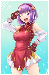 Rule 34 | 1girl, asamiya athena, breasts, female focus, fingerless gloves, gloves, hairband, highres, kitayama miuki, looking at viewer, matching hair/eyes, one eye closed, open mouth, purple eyes, purple hair, smile, snk, the king of fighters, the king of fighters xv, wink