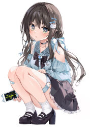 Rule 34 | 1girl, bandaid, bandaid on knee, bandaid on leg, bare legs, bare shoulders, black bow, black bowtie, bow, bowtie, brooch, brown hair, choker, commentary request, frilled skirt, frills, full body, hair bow, hair ribbon, heart, heart-shaped pupils, heart brooch, high heels, highres, imouto (karory), jewelry, karory, long sleeves, looking at viewer, low twintails, mary janes, miniskirt, off-shoulder shirt, off shoulder, original, ribbon, shirt, shoes, skirt, socks, solo, squatting, symbol-shaped pupils, thigh strap, thighs, twintails, white background, white socks