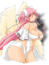 Rule 34 | 10s, 1girl, bare shoulders, blush, breasts, choker, cleavage, curvy, dress, feathered wings, gloves, highres, kaname madoka, large breasts, long hair, looking at viewer, mahou shoujo madoka magica, mahou shoujo madoka magica (anime), midriff, oman (evld), pink hair, plump, ponytail, smile, solo, space, thick thighs, thighs, ultimate madoka, white dress, white gloves, wide hips, wings, yellow eyes
