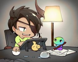 Rule 34 | 1boy, :d, aragami oga, black hair, chair, chibi, chungami, creature, dark-skinned male, dark skin, drawing tablet, earrings, eyepatch, green eyes, green shirt, grey background, highres, holding, holding pen, holding pencil, holostars, horns, jewelry, lamp, looking at object, male focus, omaesan (aragami oga), open mouth, paper, pen, pencil, sharp teeth, shirt, short hair, short sleeves, single horn, slime (creature), smile, solo, sugita, swept bangs, t-shirt, table, teeth, upper body, virtual youtuber, zzz