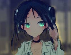 Rule 34 | 1girl, black hair, blurry, choker, collarbone, depth of field, fang, francesca lucchini, green eyes, hair ribbon, kabuyama kaigi, long hair, portrait, ribbon, sketch, solo, strike witches, twintails, uniform, world witches series