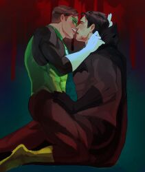 Rule 34 | 2boys, absurdres, bara, batman, batman (series), black bodysuit, black gloves, black hair, blood, blood from mouth, blood on face, blush, bodysuit, boots, brown hair, bruce wayne, closed eyes, couple, dc comics, domino mask, fangs, fangs out, gloves, green bodysuit, green lantern, green lantern (series), grey bodysuit, hal jordan, haljordanmylove, highres, large pectorals, looking at another, male focus, mask, multiple boys, muscular, muscular male, pectorals, short hair, sitting, sitting on person, two-tone bodysuit, vampire, white gloves, yaoi