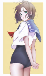 Rule 34 | 1girl, arms behind back, black one-piece swimsuit, black sailor collar, border, brown hair, c-eye, from behind, green eyes, highres, lips, neckerchief, one-piece swimsuit, original, parted lips, red neckerchief, sailor collar, sailor shirt, school swimsuit, school uniform, serafuku, shirt, short hair, solo, swimsuit, swimsuit under clothes, two-tone background, white border, yellow background