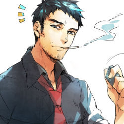 Rule 34 | 1boy, aqlism, atlus, black eyes, black hair, doujima ryoutarou, facial hair, lighter, male focus, necktie, persona, persona 4, short hair, sideburns, simple background, smirk, smoking, solo, stubble, upper body, white background