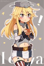 Rule 34 | !, 10s, 1girl, :t, alternate breast size, bad id, bad twitter id, belt, blonde hair, blush, character name, eating, fingerless gloves, flat chest, food, garter straps, gloves, burger, headgear, holding, holding food, iowa (kancolle), kantai collection, midriff, miniskirt, navel, pout, purple eyes, rimukoro, skirt, solo, star-shaped pupils, star (symbol), symbol-shaped pupils, thighhighs, aged down