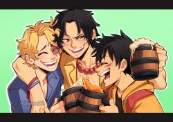 Rule 34 | 3boys, alcohol, beer, beer keg, black hair, blonde hair, closed eyes, drink, family, happy, highres, holding, holding drink, male focus, monkey d. luffy, multiple boys, one piece, open mouth, portgas d. ace, sabo (one piece), samu (samudl), scar, scar on face, shirt, short hair, smile