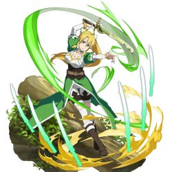 Rule 34 | 1girl, arm up, blonde hair, bracelet, breasts, brown footwear, cape, choker, cleavage, collarbone, corset, detached sleeves, full body, green cape, green eyes, hair between eyes, hair ornament, high ponytail, highres, holding, holding sword, holding weapon, jewelry, large breasts, leafa, long hair, long sleeves, looking at viewer, official art, pointy ears, shorts, solo, standing, sword, sword art online, thighhighs, transparent background, very long hair, waist cape, weapon, white shorts, white sleeves, white thighhighs