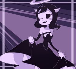 Rule 34 | 1girl, alice (bendy and the ink machine), bendy and the ink machine, black hair, black lips, dress, gloves, halo, horns, lipstick, wink, yatsunote