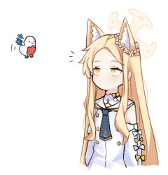 Rule 34 | 1girl, animal ear fluff, animal ears, arms at sides, bird, blonde hair, blue archive, blue necktie, bow, commentary, cropped torso, crossover, cross halo, detached sleeves, dress, english commentary, extra ears, flower, forehead, fox ears, fox girl, hair flower, hair ornament, halo, highres, lobotomy corporation, long hair, looking at animal, necktie, notice lines, project moon, punishing bird, sari (zakura27502762), seia (blue archive), sidelocks, simple background, sleeveless, sleeveless dress, solo, very long hair, white background, white bird, white bow, white dress, white flower, yellow bow, yellow eyes, yellow halo