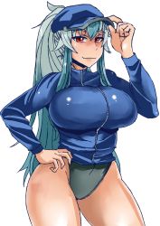 Rule 34 | 1girl, alternate costume, alternate hairstyle, black one-piece swimsuit, blue hair, breasts, cowboy shot, hair between eyes, hand on headwear, hand on own hip, heiseikorotaisei, hip focus, jacket, kamishirasawa keine, large breasts, long hair, looking at viewer, multicolored hair, no pants, one-piece swimsuit, ponytail, red eyes, shiny clothes, sidelocks, simple background, smile, solo, swimsuit, thick thighs, thighs, touhou, track jacket, two-tone hair, visor cap, white background