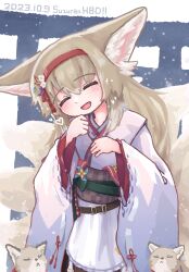 Rule 34 | animal, animal ears, apron, arknights, artist name, blonde hair, blush, closed eyes, commentary request, cowboy shot, dated, fang, fox, fox ears, fox girl, fox tail, frilled apron, frills, hair between eyes, hairband, happy birthday, heart, highres, japanese clothes, kimono, kitsune, kyuubi, long hair, long sleeves, multiple tails, obi, official alternate costume, open mouth, oudonium, pink kimono, pinwheel, red hairband, sash, suzuran (arknights), suzuran (yukibare) (arknights), tail, twitter username, waist apron, white apron, wide sleeves