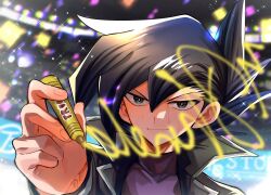 Rule 34 | 1boy, audience, black eyes, black hair, character signature, coat, confetti, duel academy uniform (yu-gi-oh! gx), hair between eyes, hand up, holding, jacket, long sleeves, looking at viewer, male focus, manjoume jun, portrait, shirt, short hair, sk816, smile, solo, sparkle, spiked hair, sweat, drawing on fourth wall, yu-gi-oh!, yu-gi-oh! gx