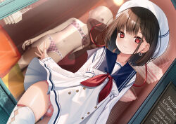 Rule 34 | 1girl, beret, blue sailor collar, blush, breasts, brown hair, dress, hat, highres, long sleeves, neckerchief, original, panties, pink panties, red eyes, sailor collar, short hair, small breasts, smile, solo, thighhighs, underwear, white dress, white hat, white thighhighs, yan (nicknikg)