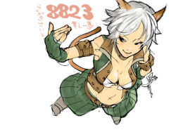 Rule 34 | 00s, 1girl, animal ears, beckoning, breasts, cat ears, cat girl, cat tail, final fantasy, final fantasy xi, foreshortening, from above, hand on own hip, large breasts, mithra (ff11), navel, short hair, solo, tail, thief (final fantasy), white background, white hair
